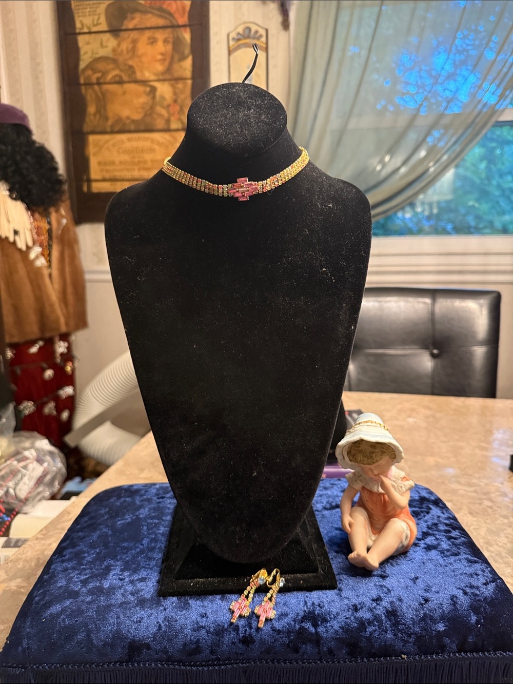Vintage 1960s gold tone, multicolored rhinestone choker with matching earrings